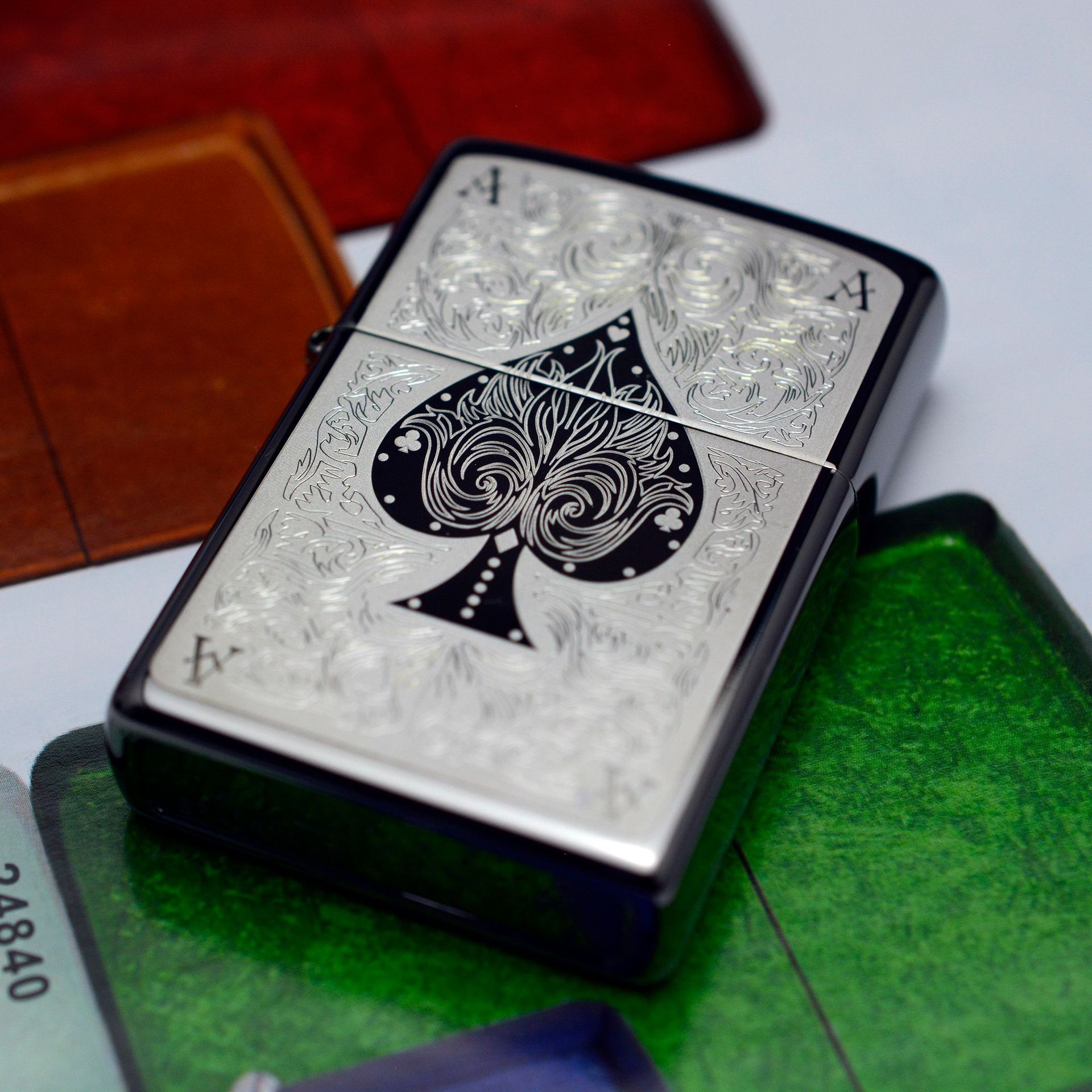 zippo打火机 150黑冰刻 暗花幺点黑桃a 28323 带码