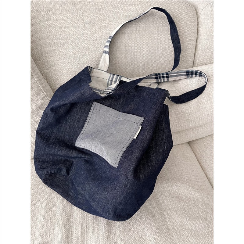 Retro Denim Plaid Stitching Double-Sided Tote Shoulder Bag Korean Simple Preppy Style Versatile Homemade Autumn and Winter New