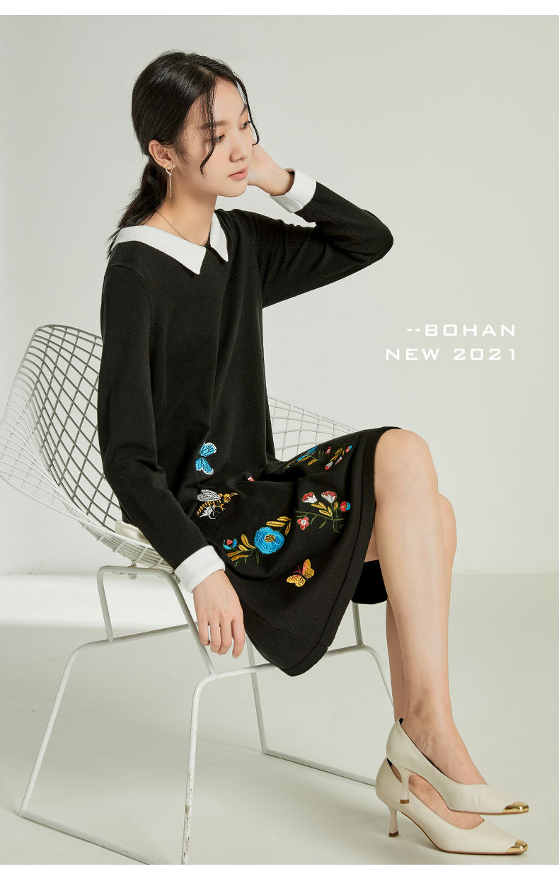 2021秋冬女装连衣裙polo领套头长袖撞色刺绣提花针织宽松毛衣欧美