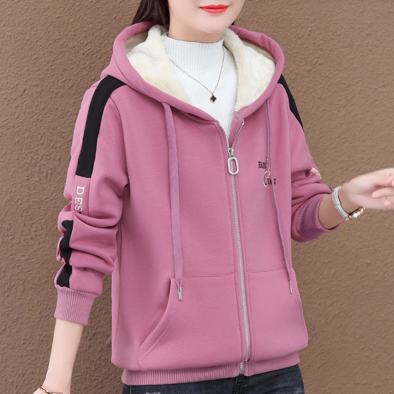 加绒加厚开衫拉链卫衣女2021年新款秋冬季女装超厚羊羔绒冬装外套