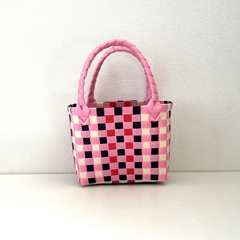 Internet Celebrity Basket Hand-Woven Plastic Vegetable Basket Bag Color Plaid Full Moon Gift Small Basket Beach Bag