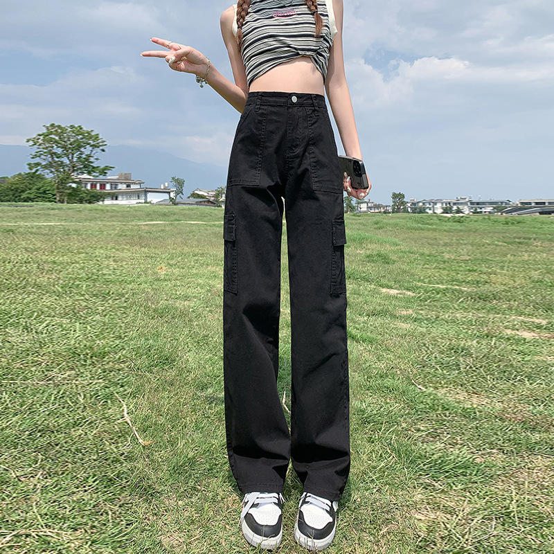 American Hot Girl High Waist Straight Cargo Pants Women's Summer 2023 New Loose Slimming Casual Wide Leg Mop Pants