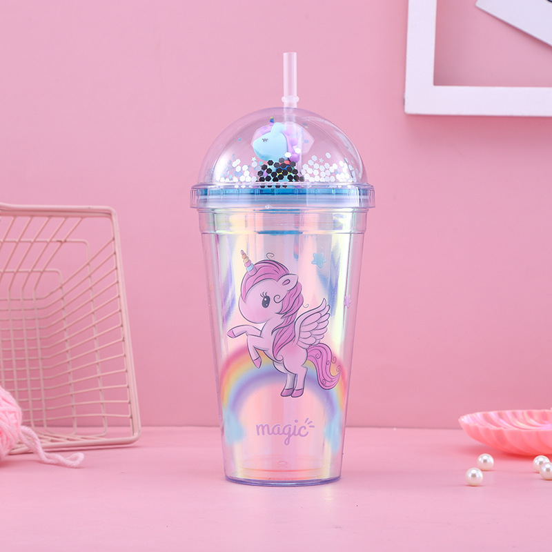 New Creative Unicorn Double Plastic Straw Cup Good-looking Student Cartoon Summer Ice Cup Children's Water Cup