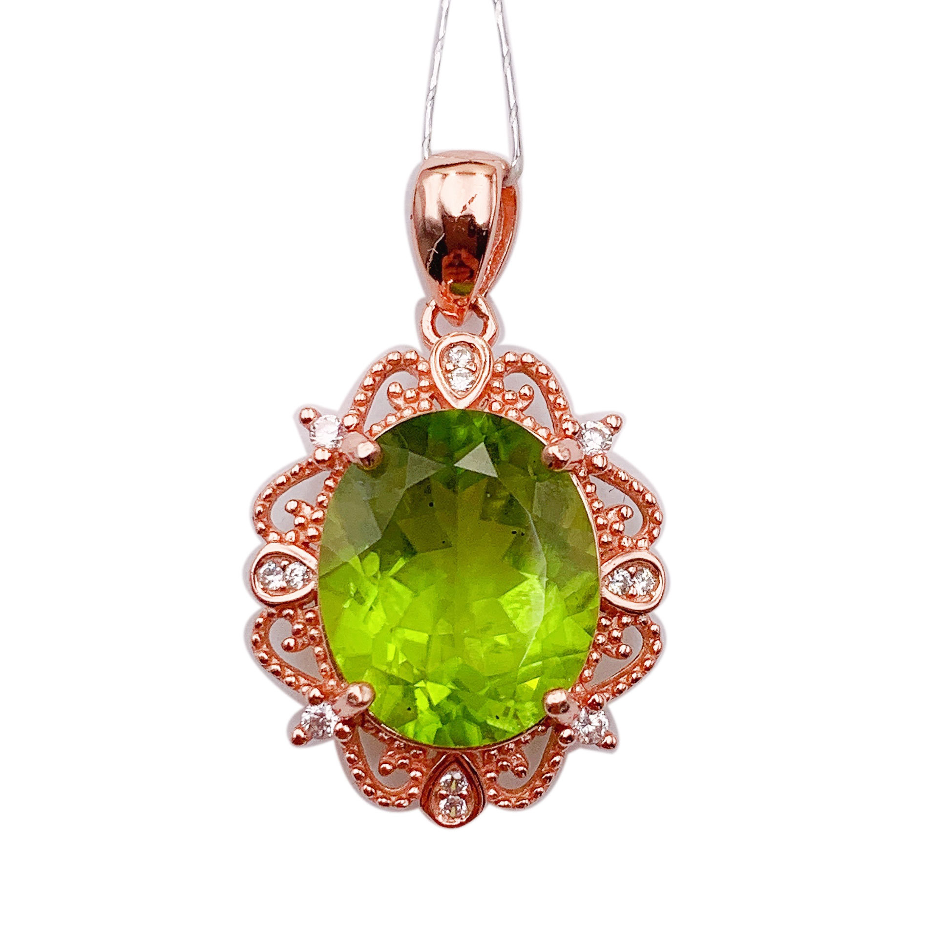 鑫亿鹏天然橄榄石吊坠女式玫瑰金色s925银镶嵌半宝石水晶项坠精美