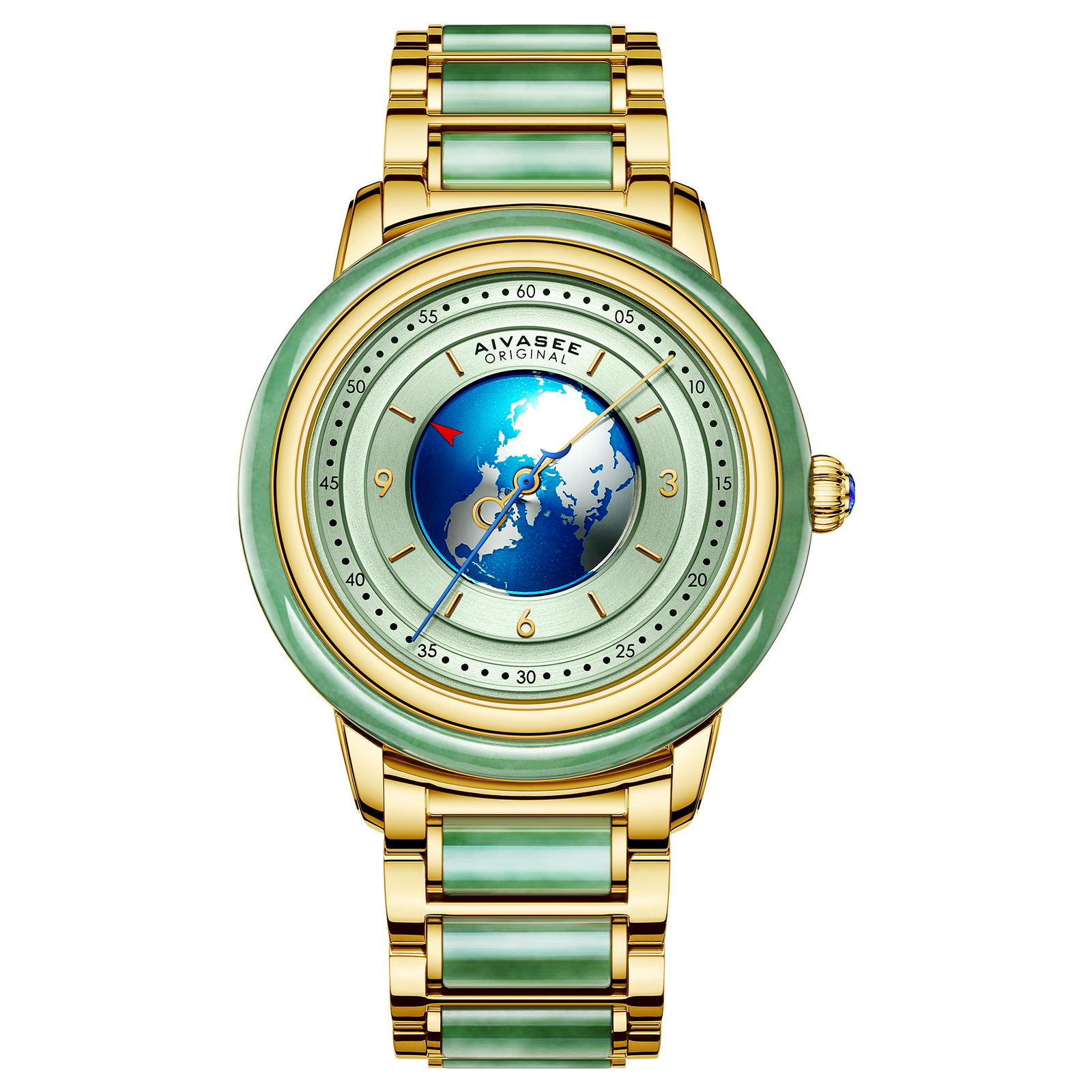 艾华仕蓝色星球机械手表和田玉翡翠机械表男表全自动镂空地球腕手