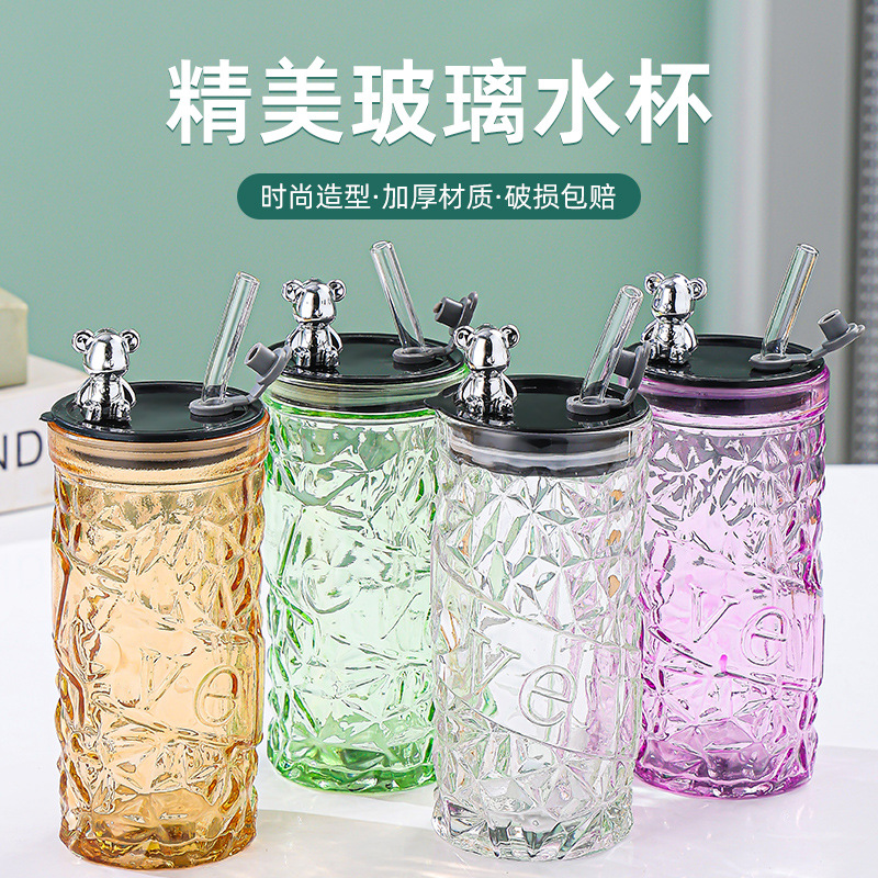 8438 new with cover water cup transparent amber glass good-looking diamond cup with straw with drinking cup