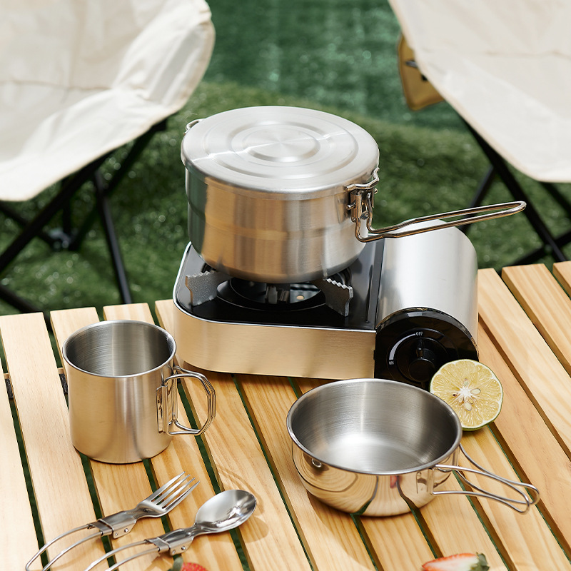 outdoor camping 6 pieces suit climbing picnic tableware foldable portable bento pan set storage camping