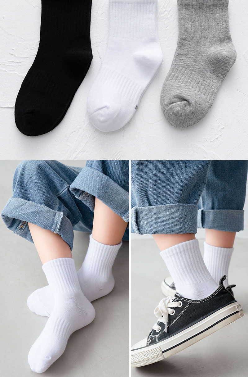 春秋新款儿童袜子白色黑色中筒袜男童女童运动袜宝宝纯色棉袜批发