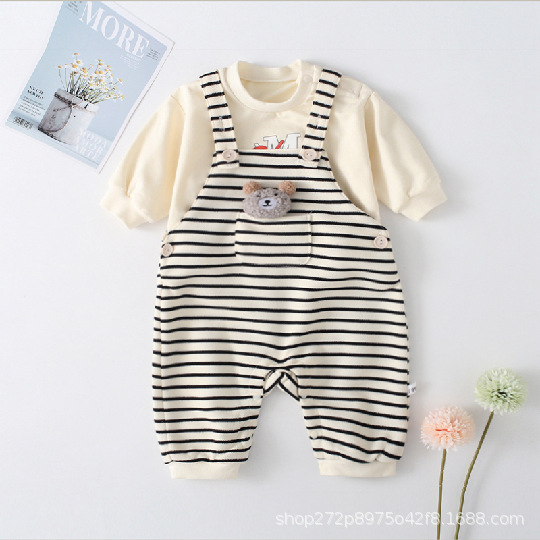2023 Spring New Suit Striped Cotton Back-Reading Pants + T-shirt Idea Fish Children's Clothing Boys and Girls Baby 23003