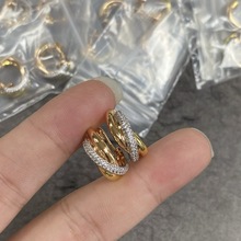 珠宝工艺V金镀咪金 三环拼色手镶高碳钻耳拍 潮流欧美风几何饰品.