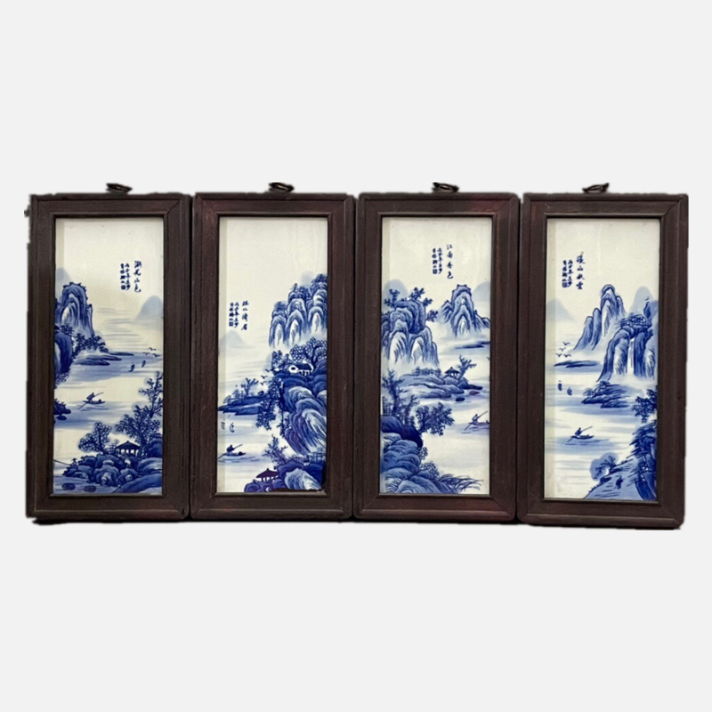 古玩古董景德镇工艺品红木粉彩手绘人物湖光山色瓷板画四条屏
