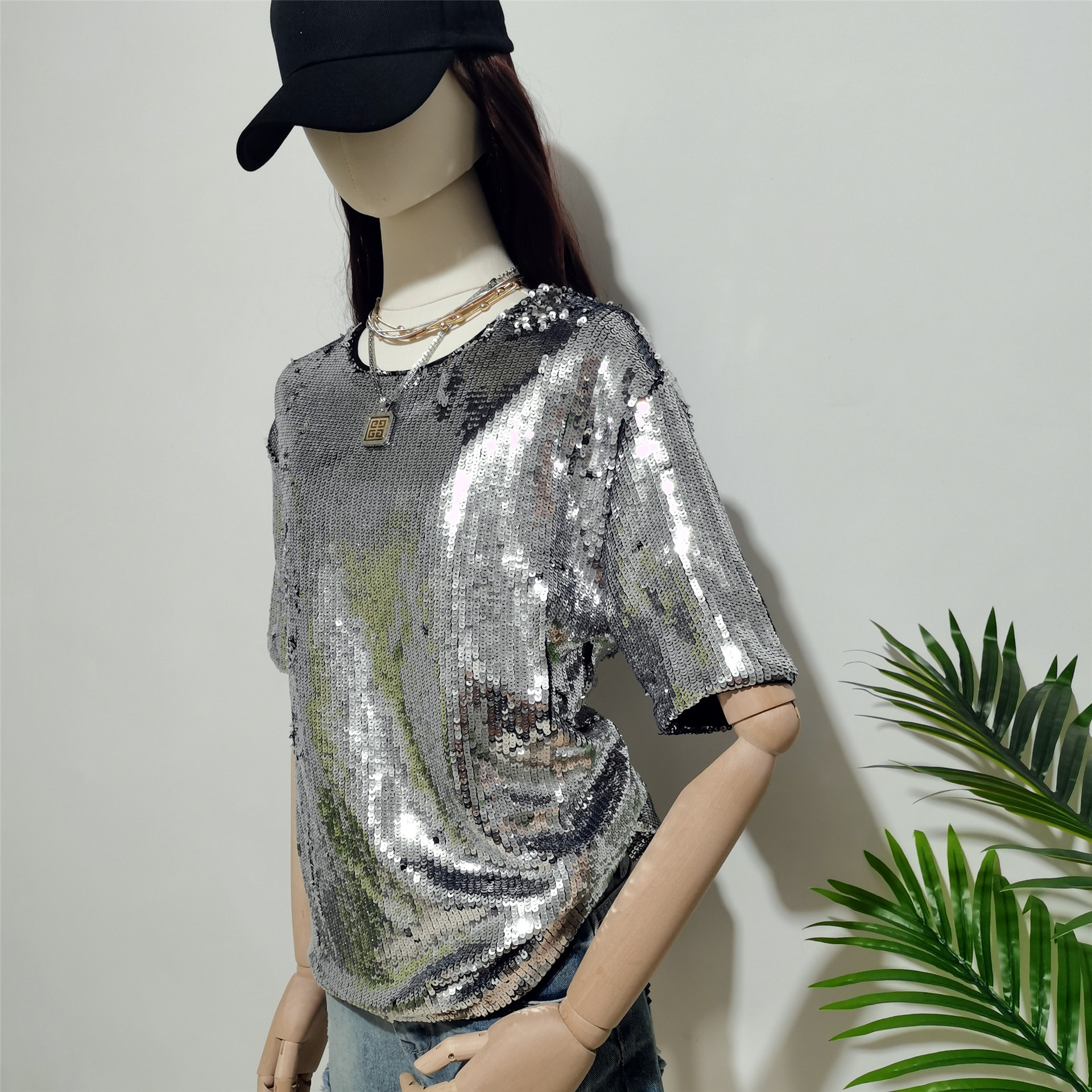 歌手舞者宽松银色竖条亮片短袖 可盐可甜t恤女潮 摇滚酷炫上衣