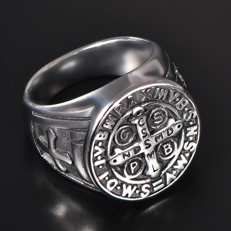 跨境欧美复古风驱魔人钛钢十字架戒指环小众个性朋克男士手饰品