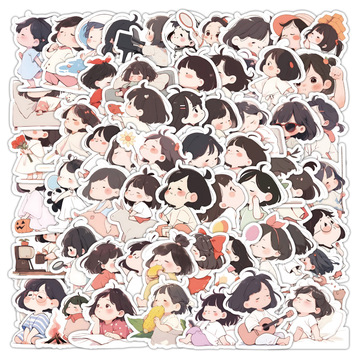 60张可爱女孩手账贴纸胖嘟嘟卡通小人物贴画装饰行李箱电动车厂家