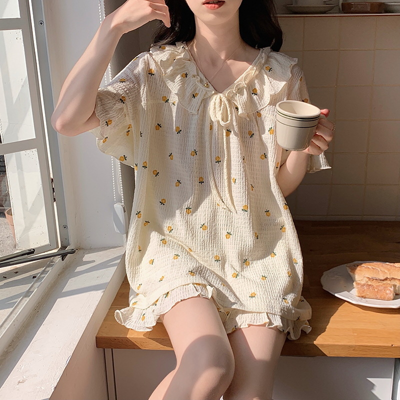 Court Retro Style Summer Pajamas Women's Cotton Leisure Fresh Floral Short Sleeve Shorts Ladies Home Leisure Suit