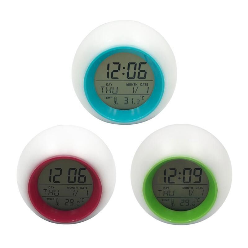 cross-border creative led colorful color changing round clock student children mute snooze with temperature electronic alarm clock luminous