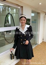 深圳南油原单外贸女装经典黑白撞色双排扣海军风减龄西装连衣裙女