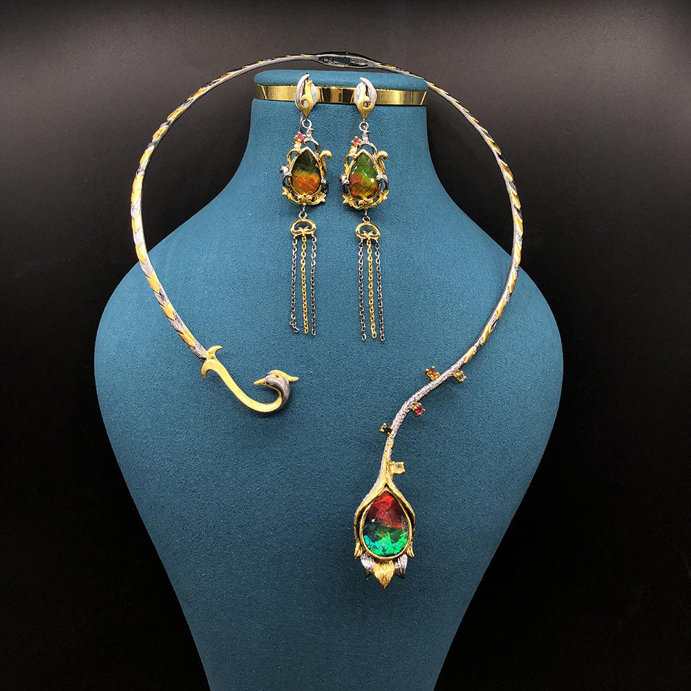 意大利工艺珠宝天然宝石项圈 高端设计师款镶嵌斑彩石凤凰项圈