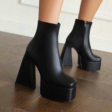 女短筒靴秋冬新款黑色方头厚底粗跟超高跟防水台侧拉链中筒靴短靴
