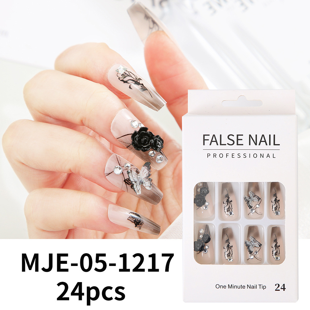 24-Piece Boxed Mid-Length Wear Nail Bow Nail Tip Alloy Spot Drill French Fake Nails Love Butterfly Manicure