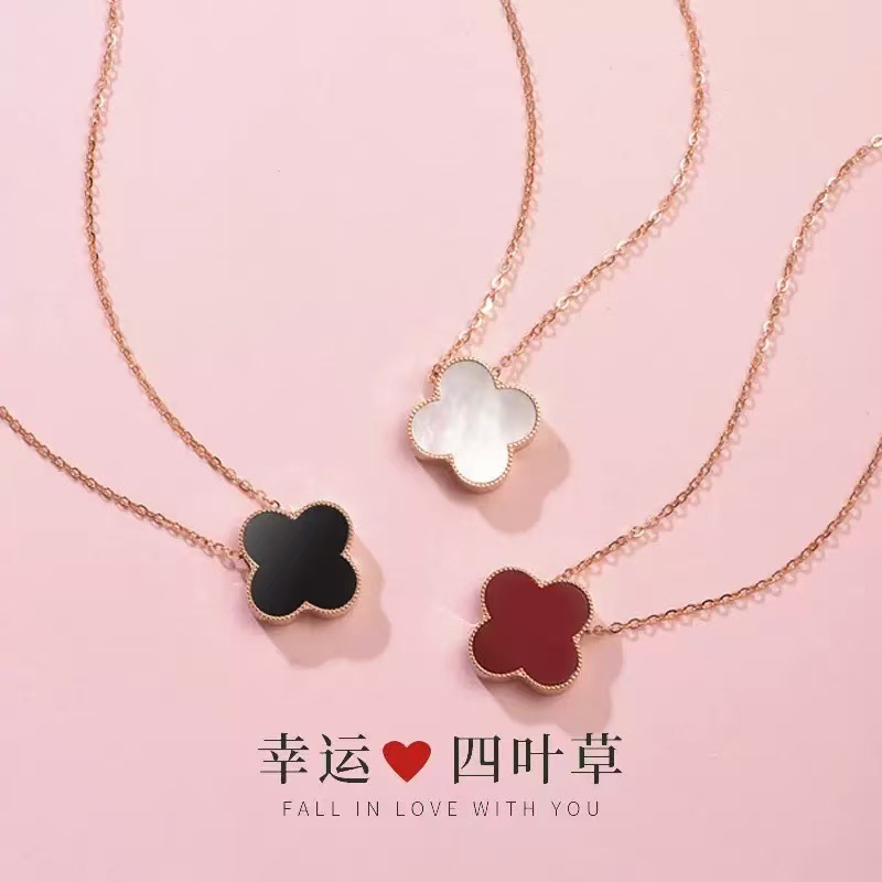 银誓S999足银玛瑙幸运四叶草项链女高级感双面佩戴花朵贝壳吊坠送