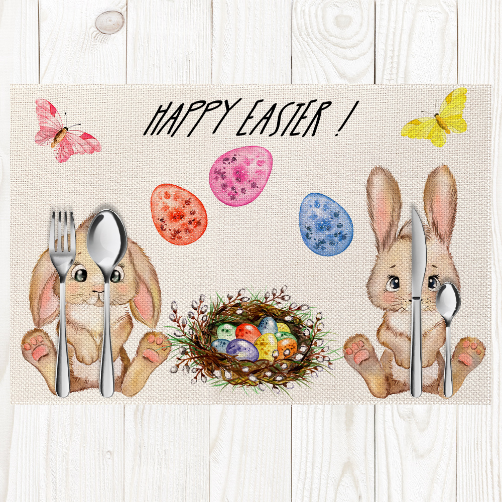 Cross-Border New Arrival Easter Linen Placemat Holiday Decoration Rabbit Egg Printing Napkin Tableware Heat Proof Mat Wholesale