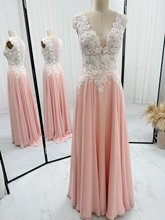 浅粉色气质性感深V领蕾丝雪纺无袖韩版晚礼服M1716