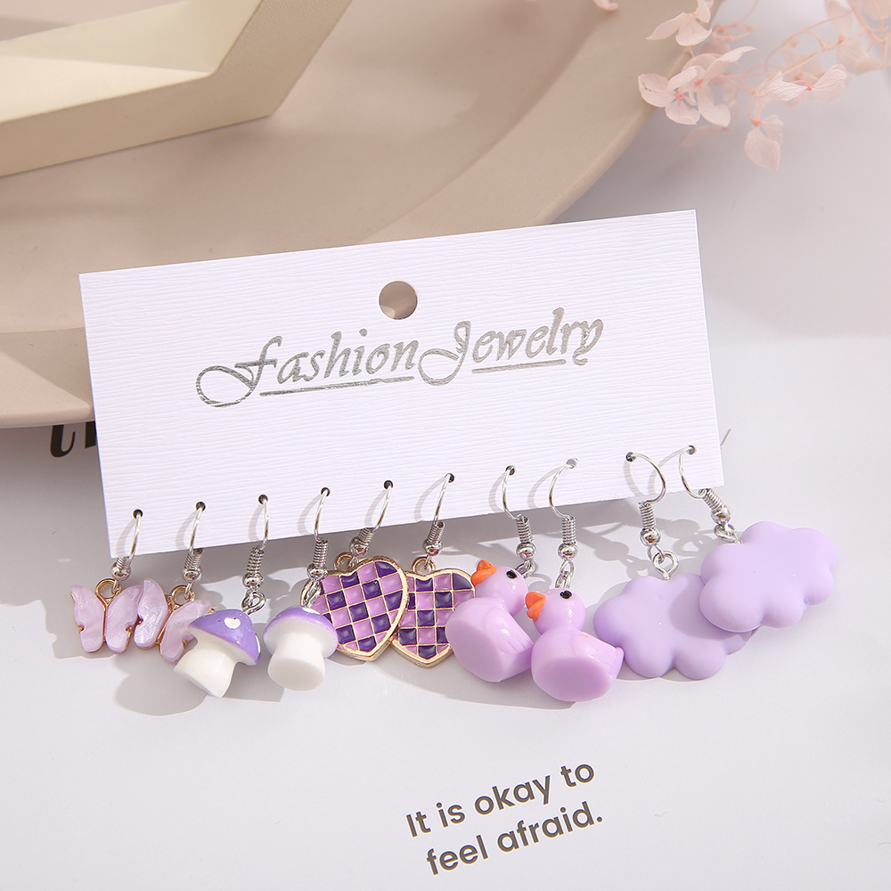 Creative Butterfly Cloud Little Duck Earrings Pendant Drip Glazed Mushroom Earrings Purple Plaid Peach Heart Earrings 5-Piece Set