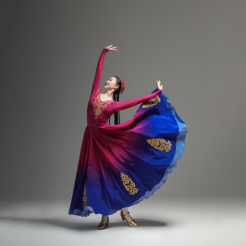 维吾尔族舞蹈演出服装女练功服长裙大摆裙少数民族国庆节目表演出