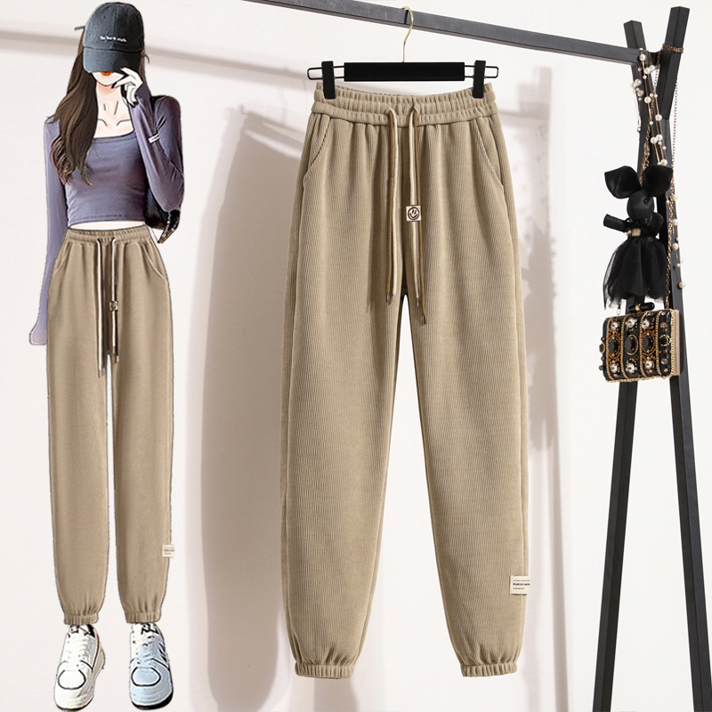 2023 Spring and Autumn New Sports Women Versatile Ankle-Banded Pants Elastic Waistband Slimming Wood Cotton Velvet Casual Harem Outer Wear Trousers