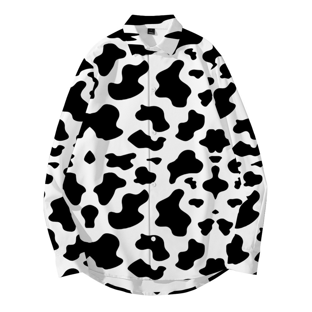 2021外贸亚马逊男式衬衫 奶牛纹 印花休闲宽松型开衫长袖衬衫