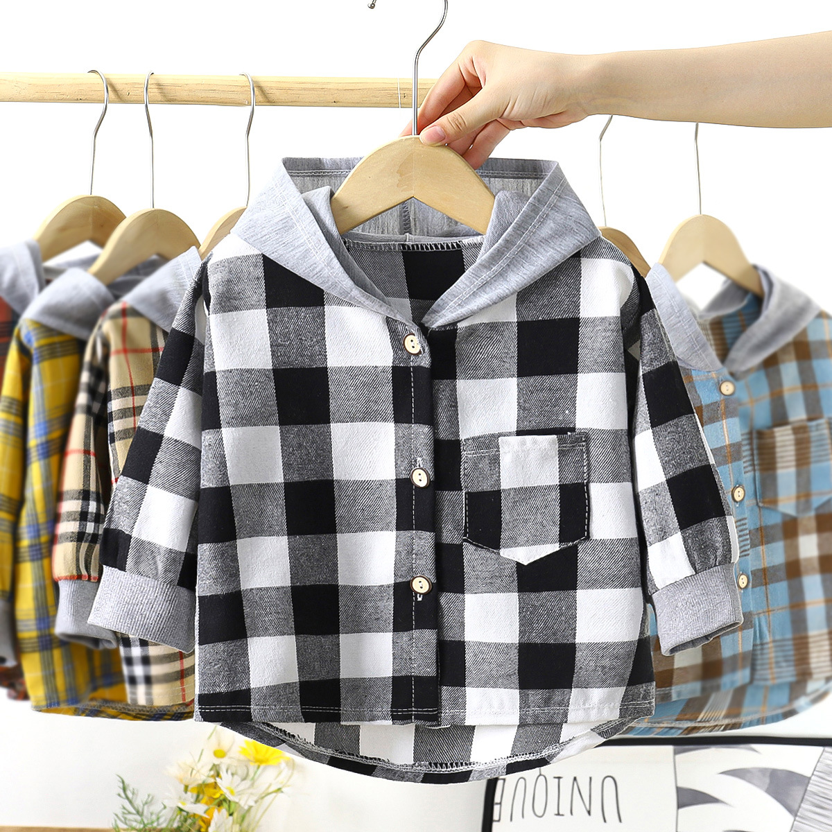 Children's Spring Autumn Blouse Children's Clothing Boy Hooded Plaid Shirt Baby Girl Long Sleeve Plaid Bottoming Outer