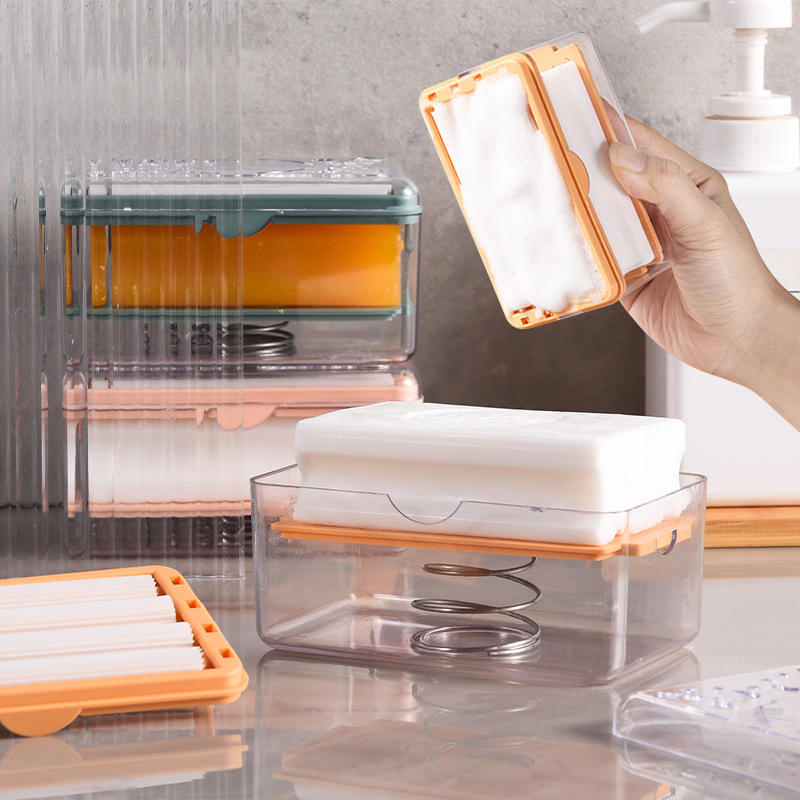 多功能肥皂起泡盒免手搓卫生间香皂盒带盖创意家用滚轮沥水肥皂盒