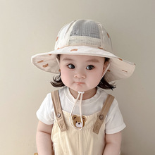 韩版可爱小熊儿童帽子夏季透气网眼大檐遮阳帽男女宝宝出游渔夫帽