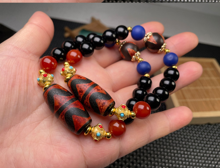 藏式红肉虎牙火供天珠手串搭配沙金配饰红玛瑙圆珠时尚女款手链
