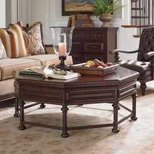 美式复古实木做旧八角形茶几欧式会所别墅客厅圆形咖啡桌品质家具