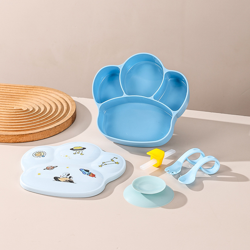 Baby Plate Children's Tableware Set Suction Cup One-Piece Compartment Baby Silicone Baby Bowl with Straw Eat Learning Training Bowl