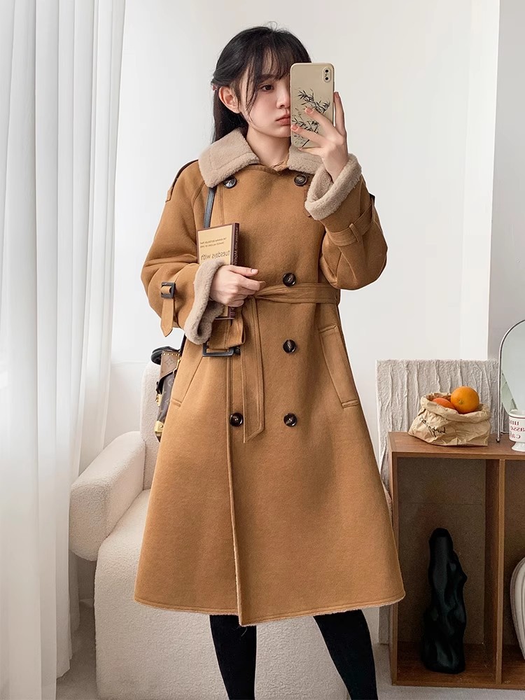 海宁颗粒羊剪绒大衣女中长款系腰带麂皮毛一体全羊毛风衣皮草外套