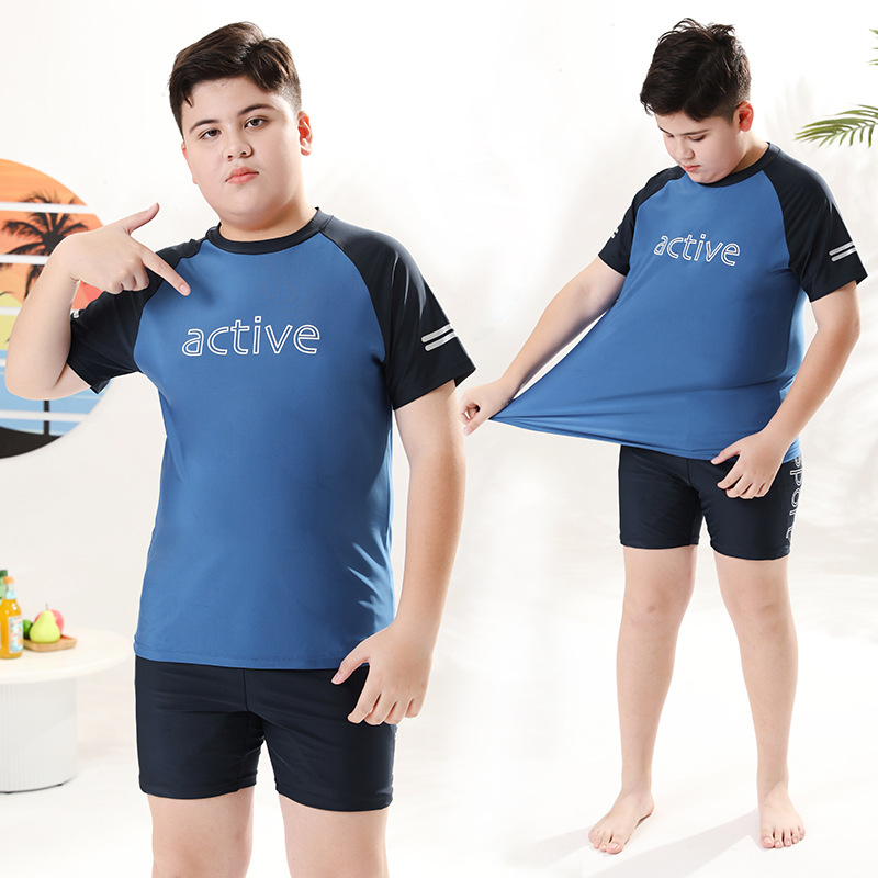 胖童泳衣男童加肥加大码分体泳装青少年胖男孩泳裤儿童游泳衣套装