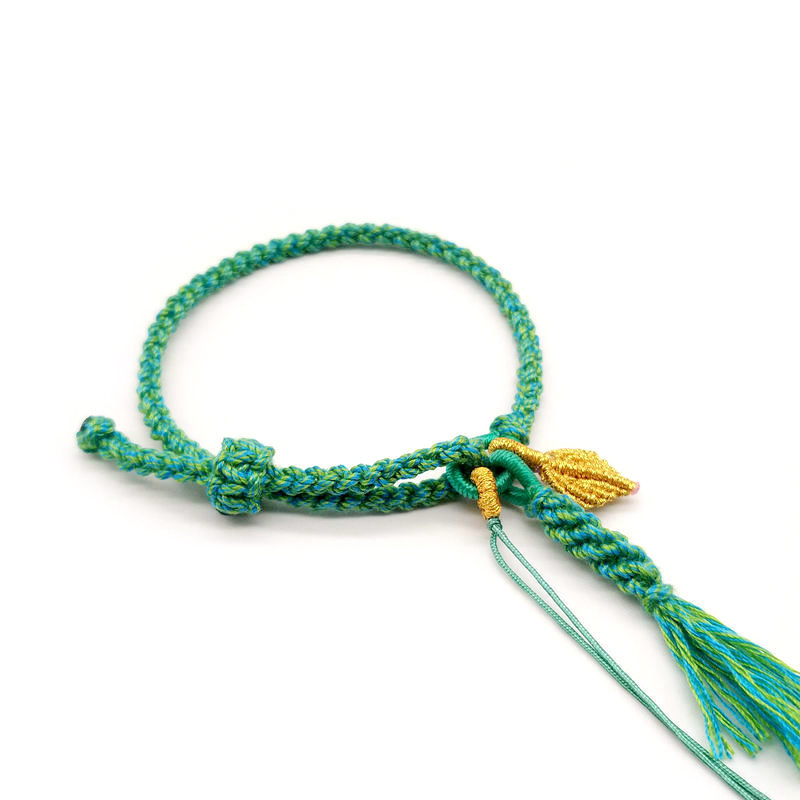四股绳手搓棉线手绳半成品手链金树叶子民族风可穿珠子玉吊坠饰品