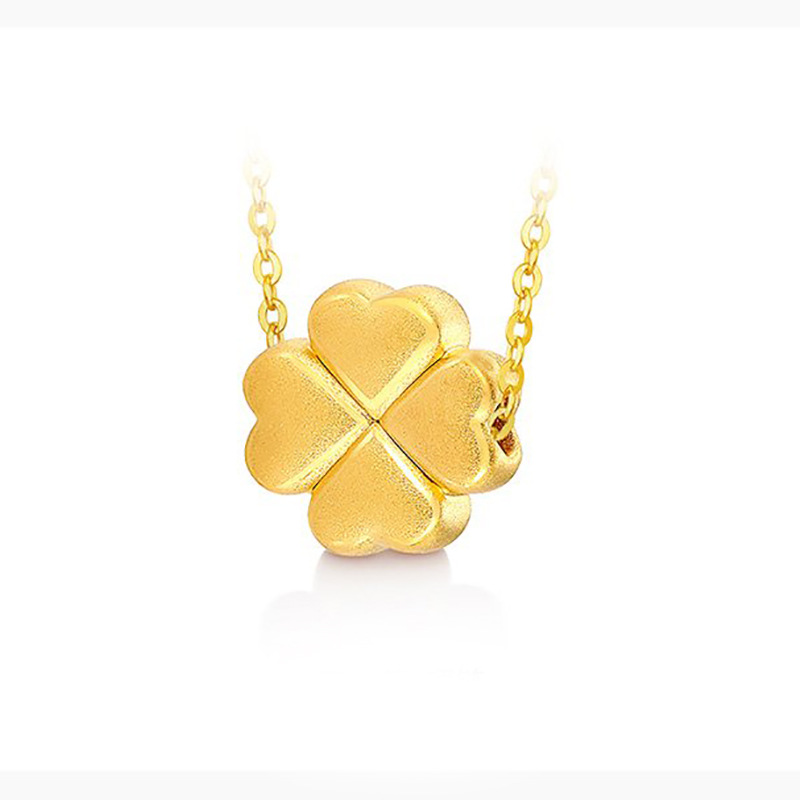 999足金四叶草吊坠3d硬金爱心四叶草24k金黄金纯金幸运草挂坠套链