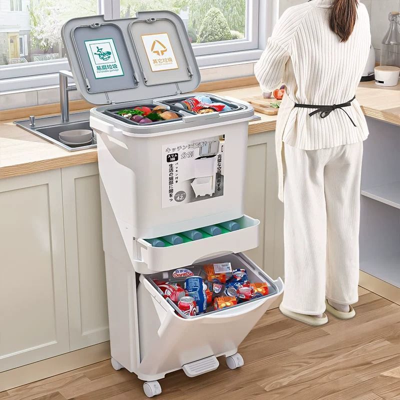 厨房垃圾桶免弯腰神器带盖可移动高款加大家用干湿分离分类置物架