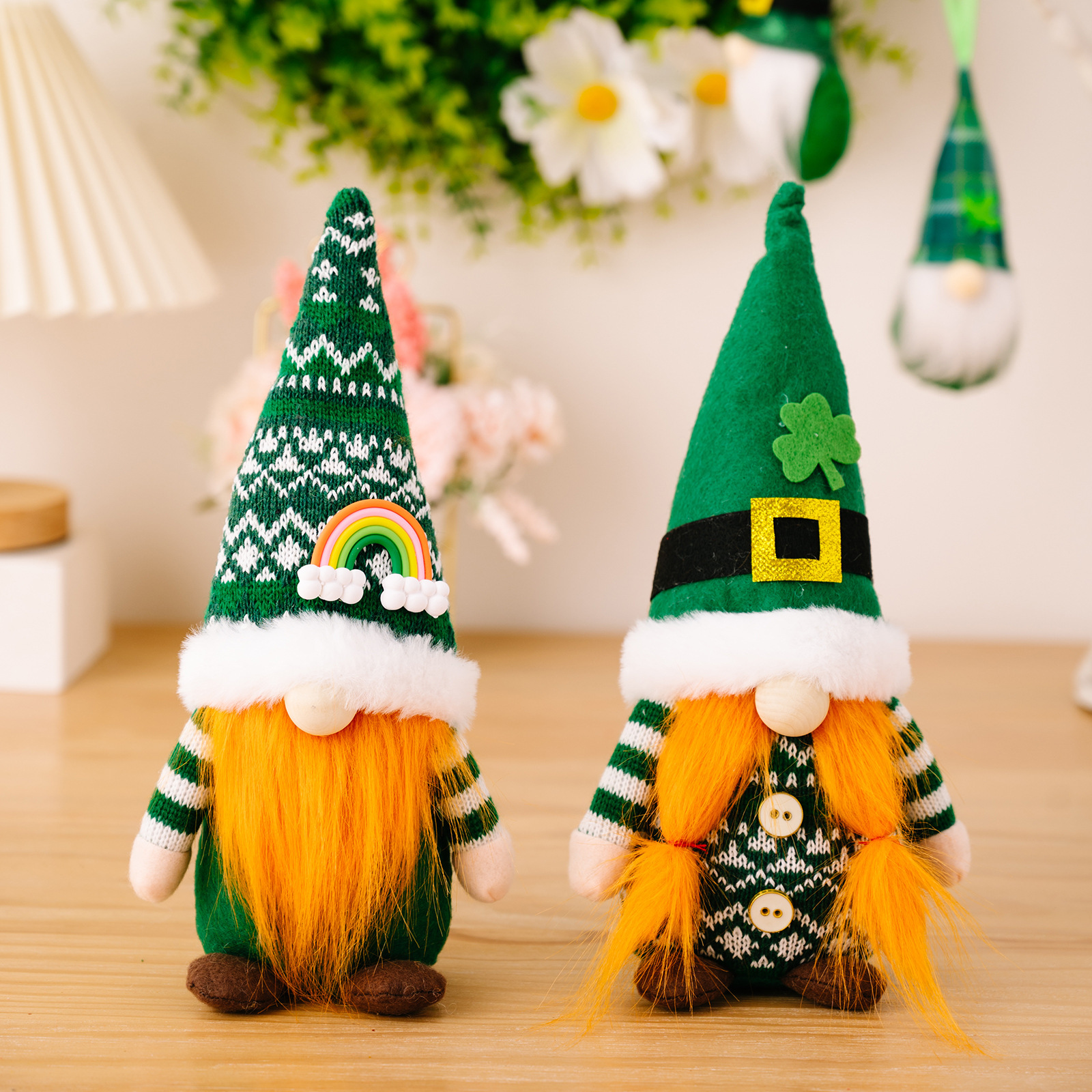 Cross-Border New Arrival St. Patrick's Day Knitted Pointed Hat Striped Hand Green Leaf Festival Faceless Doll Rudolph Wholesale