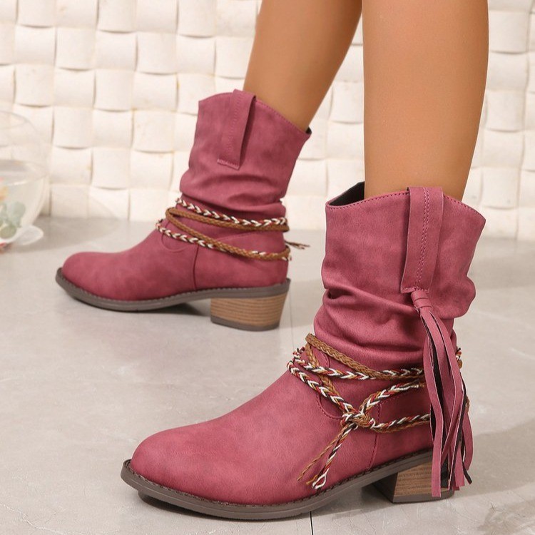 跨境外贸大码短靴女秋冬新款粗跟中跟靴子褶皱流苏高跟中筒堆堆靴