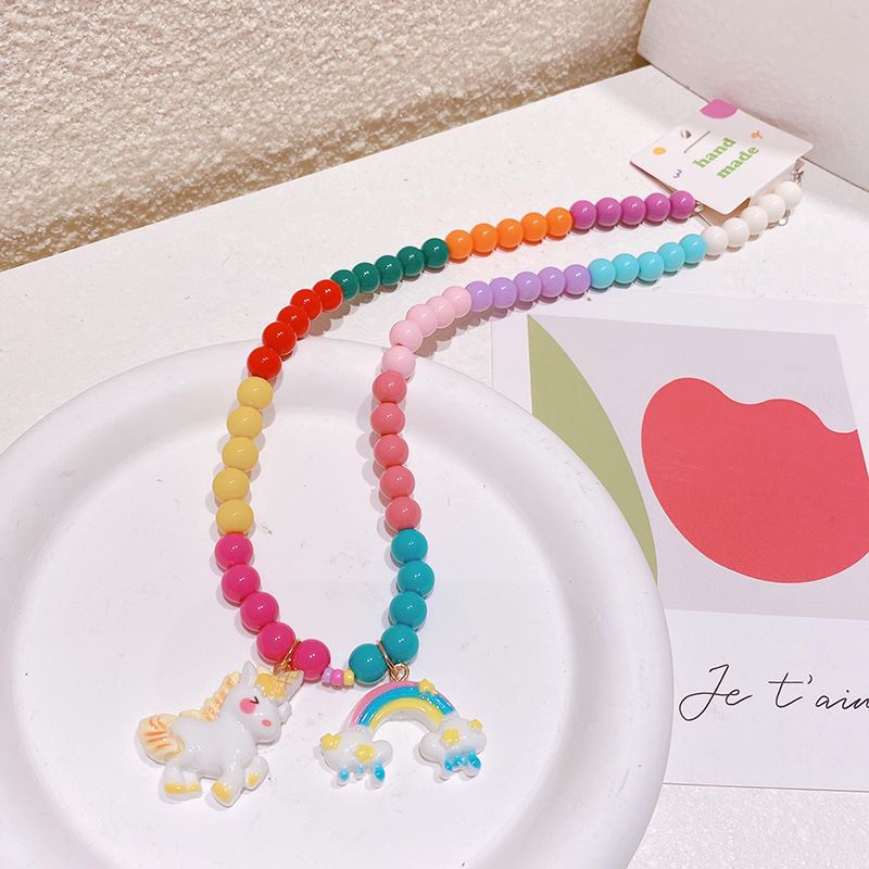 Hd2122a05 Sweet Cool Korean Style Series Rainbow Beaded Unicorn Children's Necklace Niche Creative Clavicle Chain Necklace Female