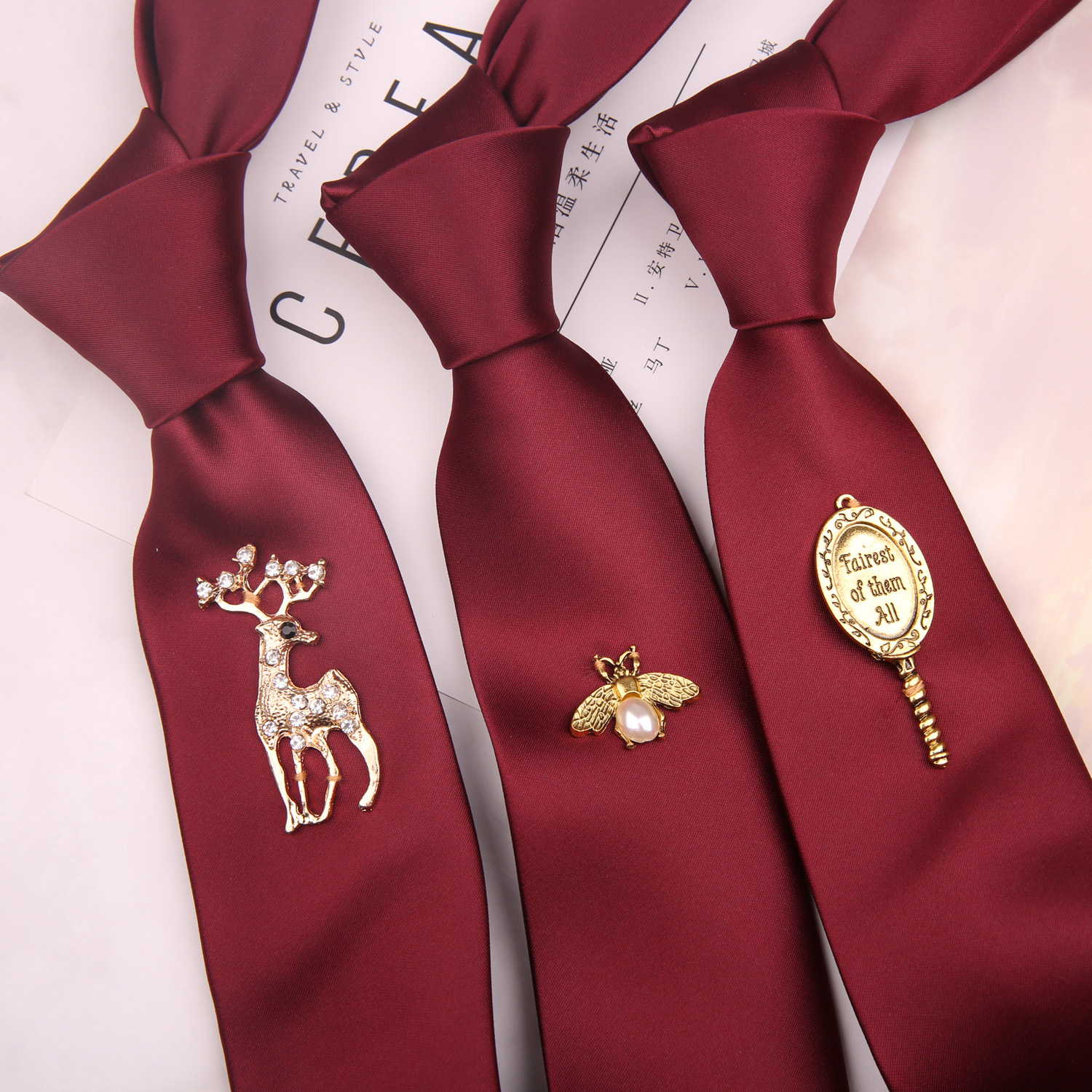 结婚领带男士7cm韩版新郎婚礼商务领带酒红色缝喜字领带