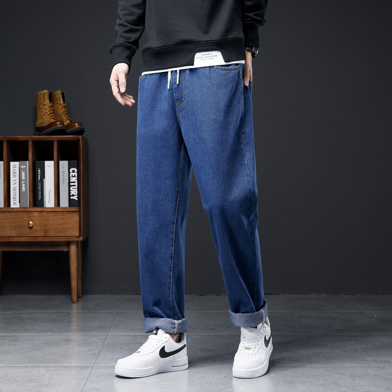 秋季粗腿大裤脚宽裤腿牛仔裤男直筒宽松大脚长裤阔腿松紧加大码