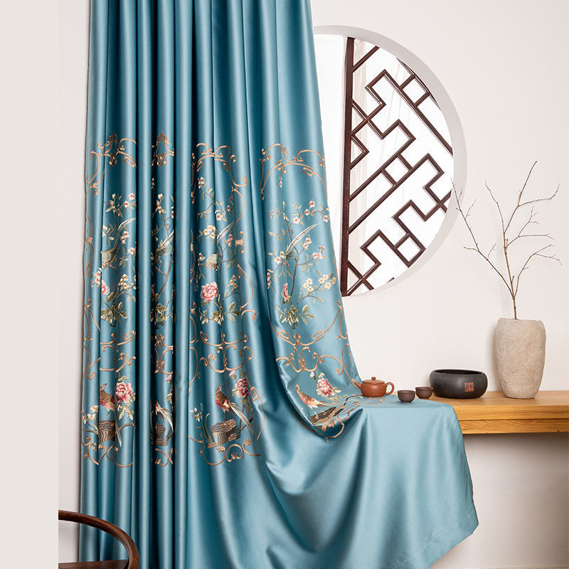 新中式奢华古典贵妃锦缎绣花报喜鸟窗帘别墅遮光客厅卧室窗纱