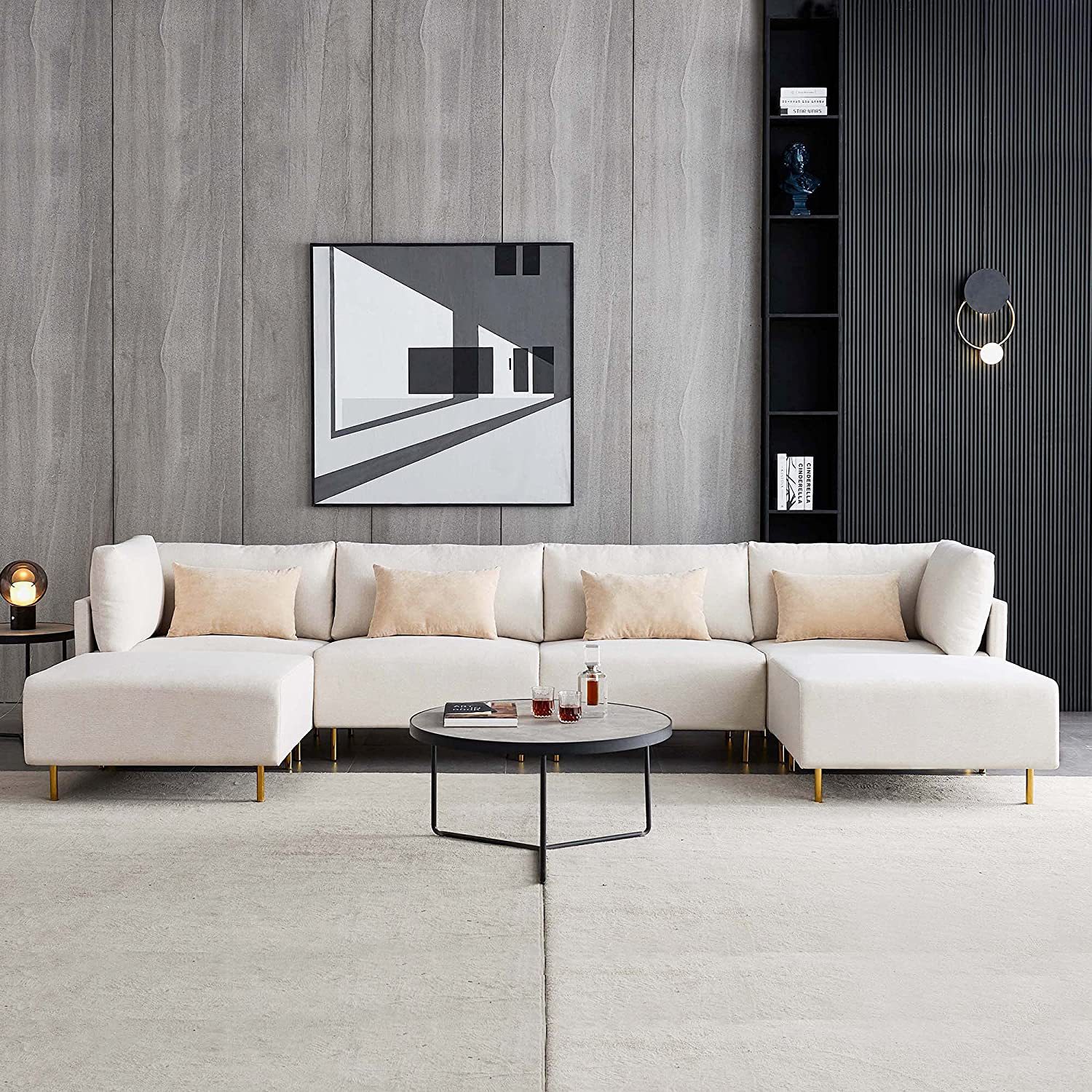 现代风格家具组合布艺沙发实木框架米白色沙发