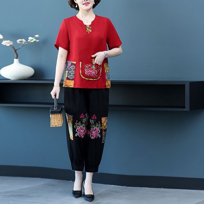 o瓯2妈妈夏装短袖套装新款50-60岁中老年夏季女装风两-阿里巴巴